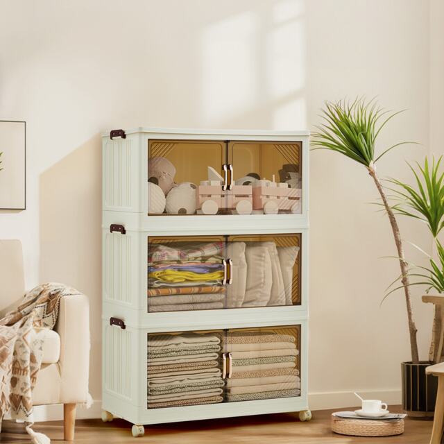 London Boutique Translucent 3-Tier Foldable Plastic Storage Cabinet Double Door Tall Organiser Cupboard for Shoes Toys Snacks 55 x 33 x 90 cm 1 Pack
