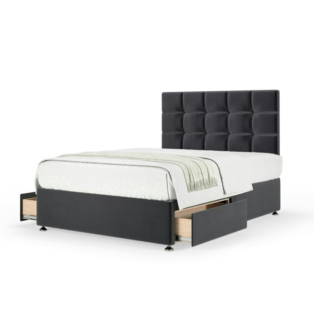 Neptune Spring Graphite Plush Velvet 2 Drawer Divan Set And Pearl Headboard Single