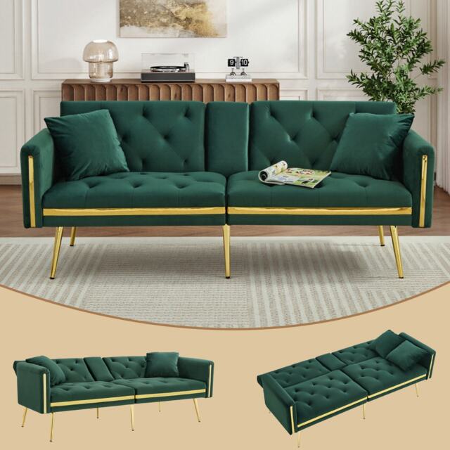 VILUXE 174cm 2 Seater Velvet Sofa Bed with 3-Position Adjustable Backrest, Hidden Cup Holders, High-Density Foam and Gold-Tone Metal Legs, Green