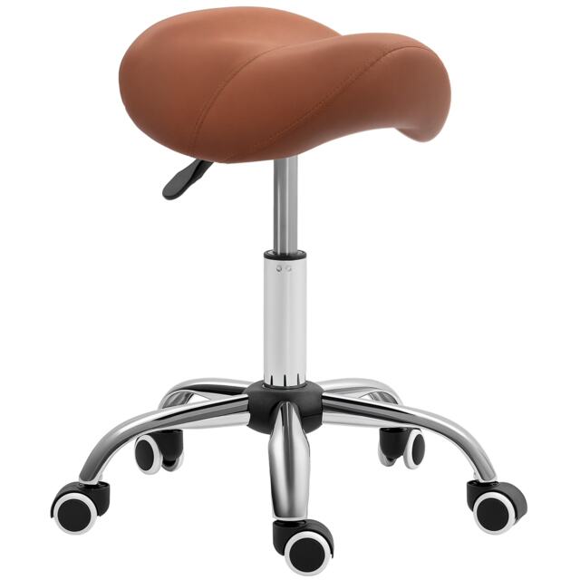 HOMCOM Cosmetic Stool 360 Rotate Height Adjustable Salon Massage Spa Chair Hydraulic Rolling Faux Leather Saddle Stool Mobility, Brown