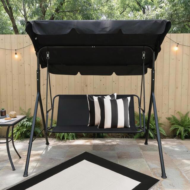 OHS Garden Swing Chair Outdoor Hanging Seat 3 Seater Bench Sun Shade Black Black
