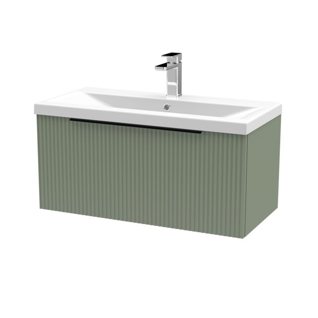 Balterley Fluted Front Wall Hung 1-Drawer Bathroom Vanity Unit with 1 Tap Hole Basin, Handles Green Satin Green