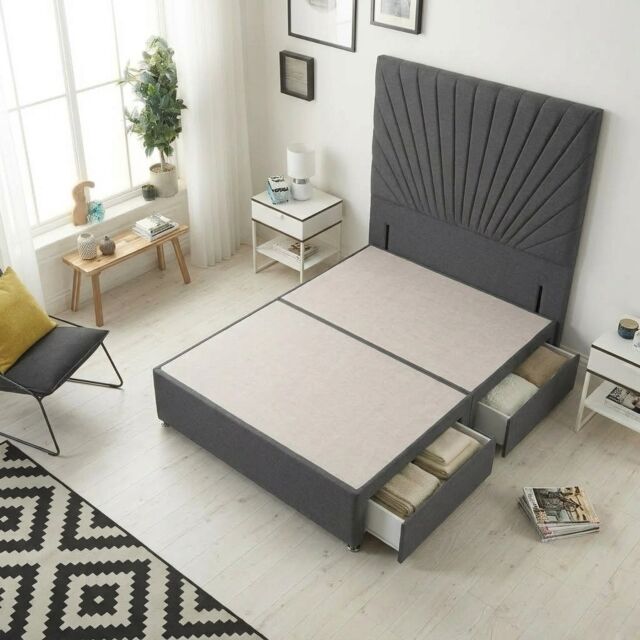 Sunburst Divan Bed with 2 Drawers & 54'' Floor Standing Headboard Linen Fabric Grey Grey