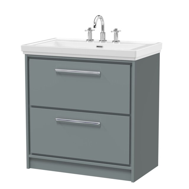 Balterley Modern Bathroom Floor Standing 2-Drawer Vanity Unit with Fireclay Basin - 3 Tap Holes Grey Monument Grey 1