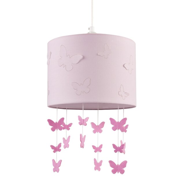 Soft Pink Cotton Fabric Childrens Pendant Shade with Butterfly Decor