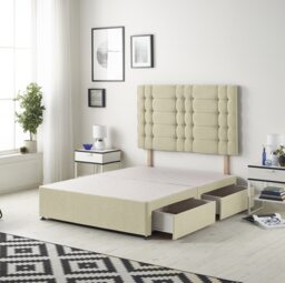 Astoria Divan Bed Base with 2 Drawers & 30 Inch Diamante Headboard in Linen Fabric Yellow Beige Double