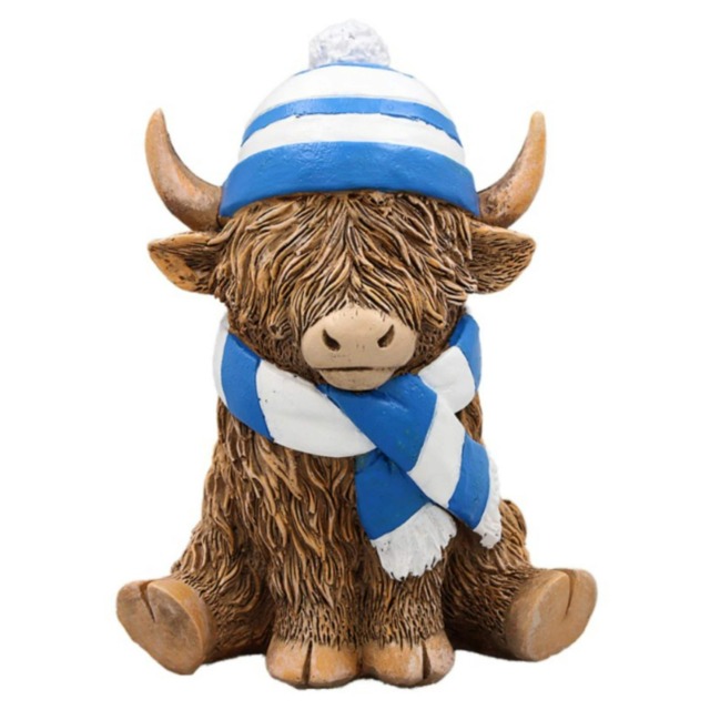 Hughie Highland Cow In Blue And White Scarf Wood Effect Ornament