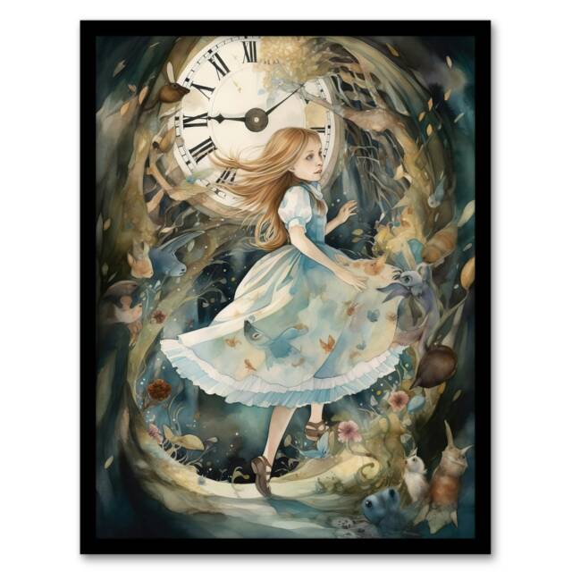 Alice Wonderland Watercolour Down Hole Home Decor Black Framed Wall Art Print A4