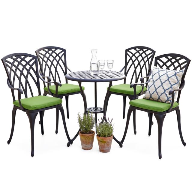 Centurion Supports OSHOWA Garden and Patio Table and 4 Large Chairs with Armrests Cast Aluminium Bistro Set - Green cushions