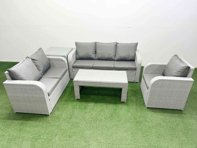 Fimous Patio PE Wicker 6 Seater Outdoor Rattan Furniture Sofa Sets with Oblong Coffee Table Reclining Chair Loveseat Sofa 3 Seater Sofa Side Table Light Grey
