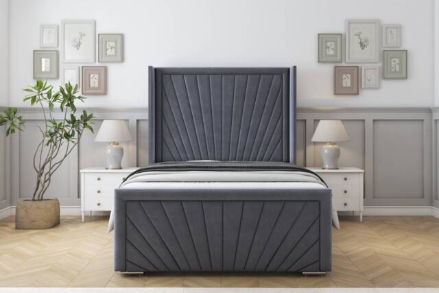 "Sloomy Rutherford Steel Plush Bed Frame With 50"" Upholstered Wingback Headboard 5' King"