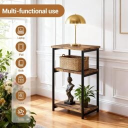 London Boutique Slim 3-Tier End Table with Storage Shelves, Narrow Mobile Side Table for Small Spaces, Industrial Wood & Metal Sofa Table, Record Player Stand for Living Room, Bedroom, Home Office,Wooden Color