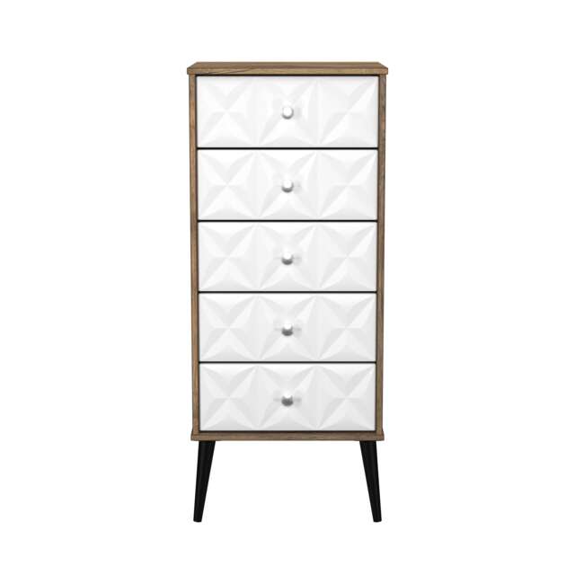 Toledo 5 Drawer Tall Bedside Cabinet in White Matt & Vintage Oak (Ready Assembled) White White Matt & Vintage Oak