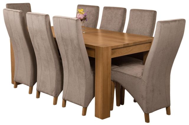Kuba 180 x 90 cm Chunky Oak Dining Table and 8 Lola Fabric Chairs Grey Grey