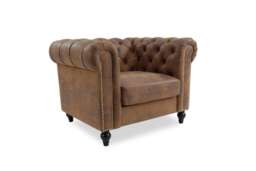 Faux Leather Suede Brown 1 Seater Chesterfield Sofa With Wooden Feet CAMDEN