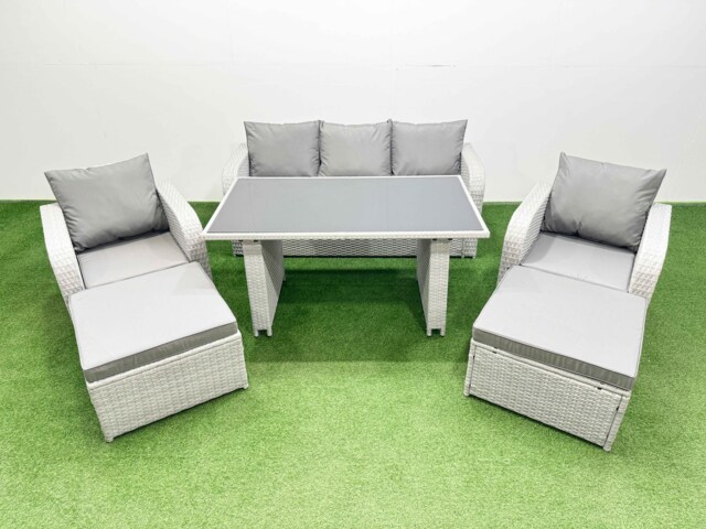 Fimous Outdoor Rattan Garden Furniture Dining Set 7-seater Patio Rectangular Table 3 Seater Sofa Reclining Chair Set with 2 Big Stools