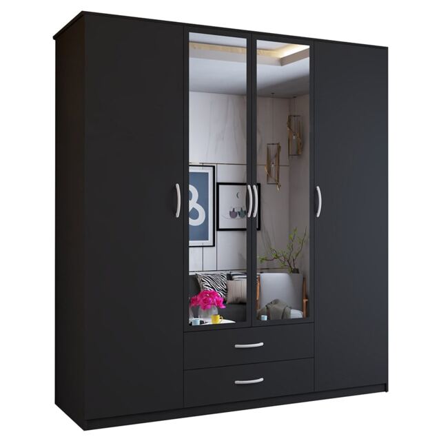 Stylish 171cm Hinged Wardrobe with Double Mirrors, 2 Drawers & Large Hanging Space Black Black 171cm 171