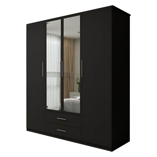 Stylish 171cm Hinged Wardrobe with Double Mirrors, 2 Drawers & Large Hanging Space Black Black 171cm 171