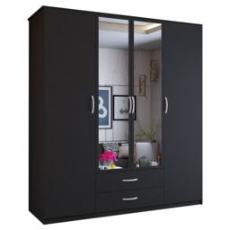 Stylish 171cm Hinged Wardrobe with Double Mirrors, 2 Drawers & Large Hanging Space Black Black 171cm 171