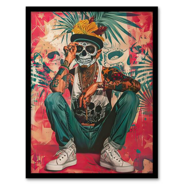 Day Dead Portrait Tattoos Street Art Mexican Black Framed Wall Art Print A4