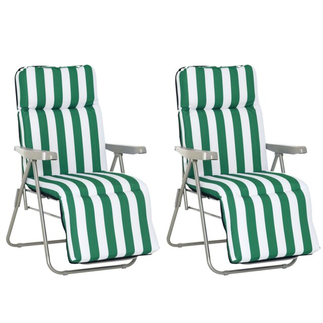 Outsunny Set of 2 Folding Sun Lounger Recliner Chairs Daybed Cushion Green White Green Green