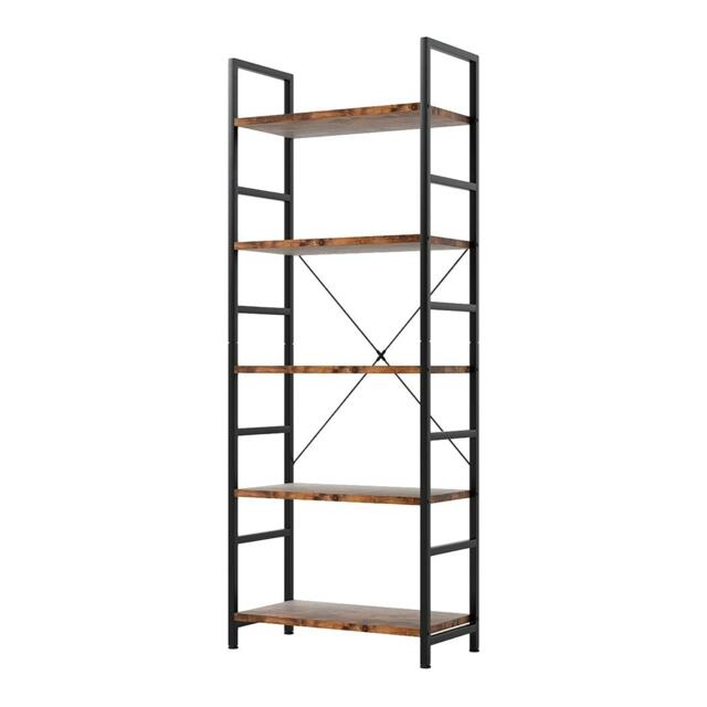 Levede 5 Tier Ladder Bookcase Metal and Wood Heavy Duty Display Shelf Brown