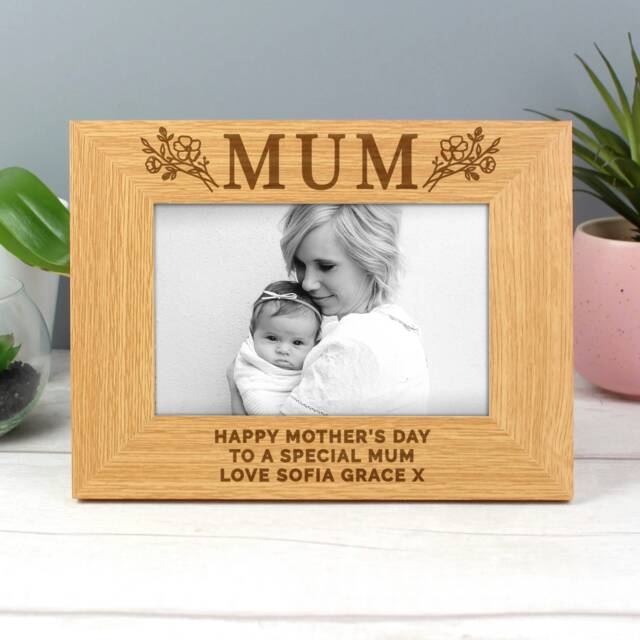 Personalised Floral Mum 6x4 Oak Finish Photo Frame Brown One Size