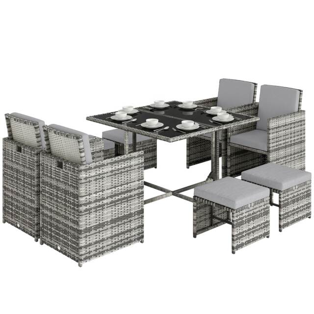Outsunny 8 Seater Cube Rattan Garden Dining Set with Cushions, Grey