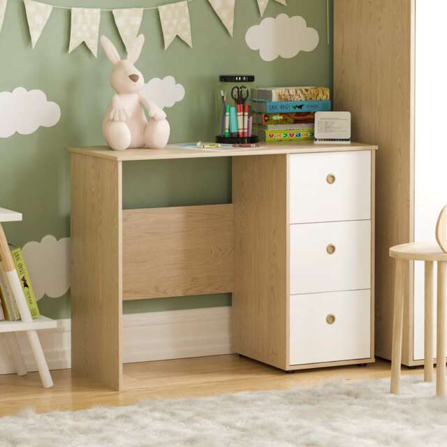 Junior Vida Neptune 3 Drawer Desk Computer Desk Home Workstation, White & Oak