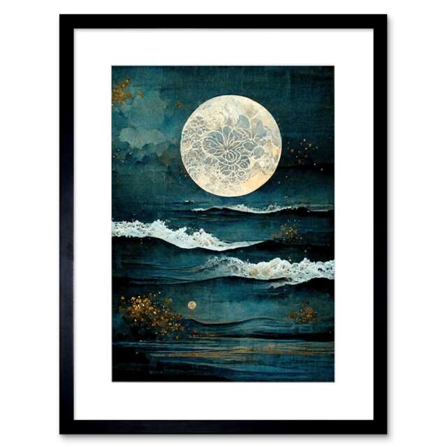 "Large Full Moon Seascape Golden Algae Wave Foam 9x7"" Black Framed Wall Art Print"