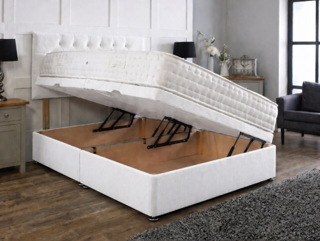 Side Lift 6ft Superking White Plush Ottoman Bed With Headboard and Mattress
