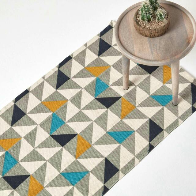 Homescapes Copenhagen Blue, Yellow and Grey Cotton Scandi Printed Runner - 66 x 200 cm Multi White, grey, blue, yellow and black