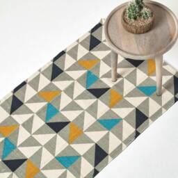 Homescapes Copenhagen Blue, Yellow and Grey Cotton Scandi Printed Runner - 66 x 200 cm Multi White, grey, blue, yellow and black