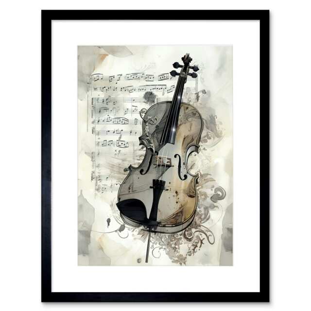 "Violin Instrument Sheet Music Modern Monochrome 9x7"" Black Framed Wall Art Print"