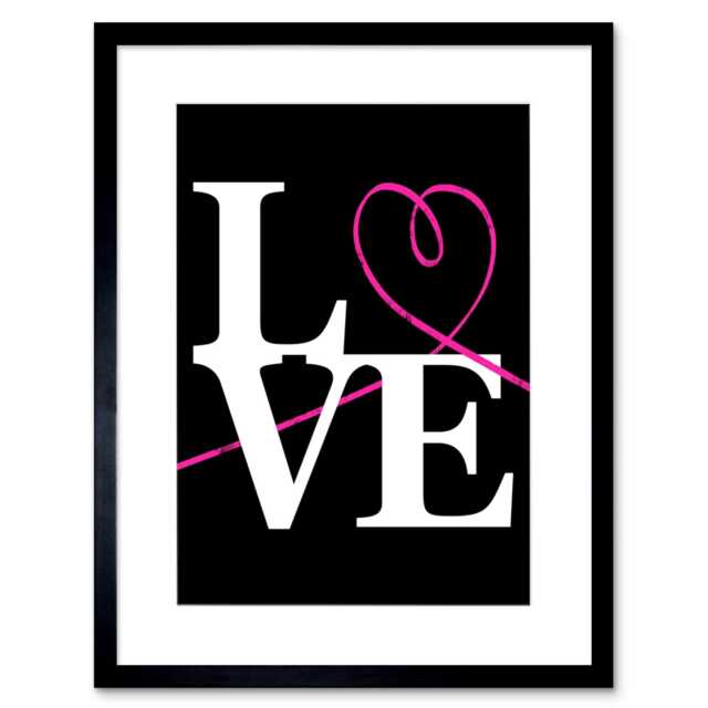 "Pink Black Love Line Heart Modern Bold 9x7"" Black Framed Wall Art Print"