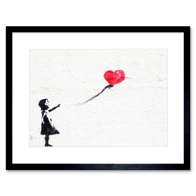 "Banksy Balloon Girl Graffiti Black 9x7"" Black Framed Wall Art Print"