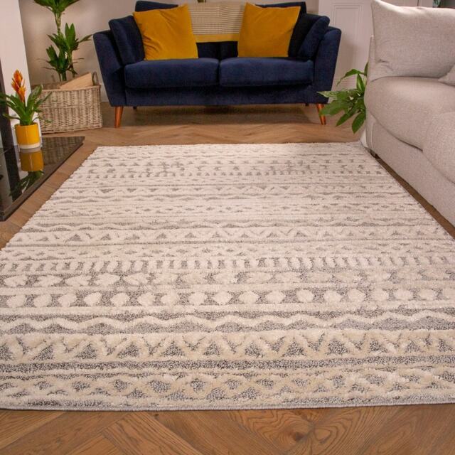 KUKOON Grey Cream Aztec Loop Pile Living Room Area Rug 80cm x 150cm Grey