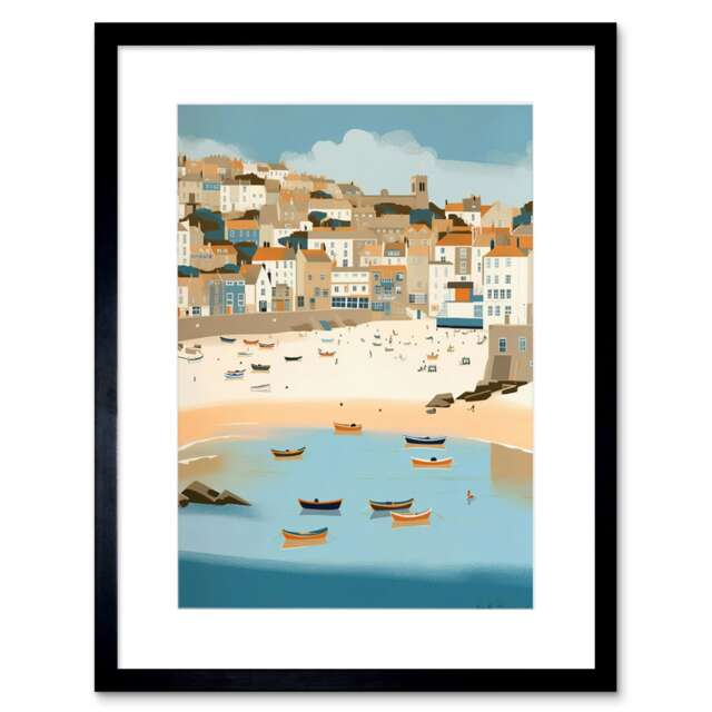 "Small Boats St Ives Bay Coastal Cityscape 9x7"" Black Framed Wall Art Print"