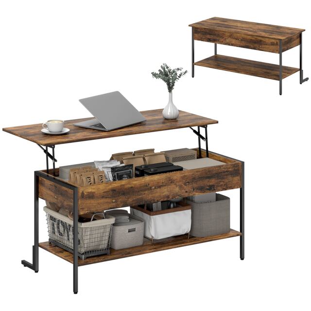 HOMCOM Industrial Lift Top Coffee Table with Storage Shelf Rustic Brown Brown Rustic Brown 1