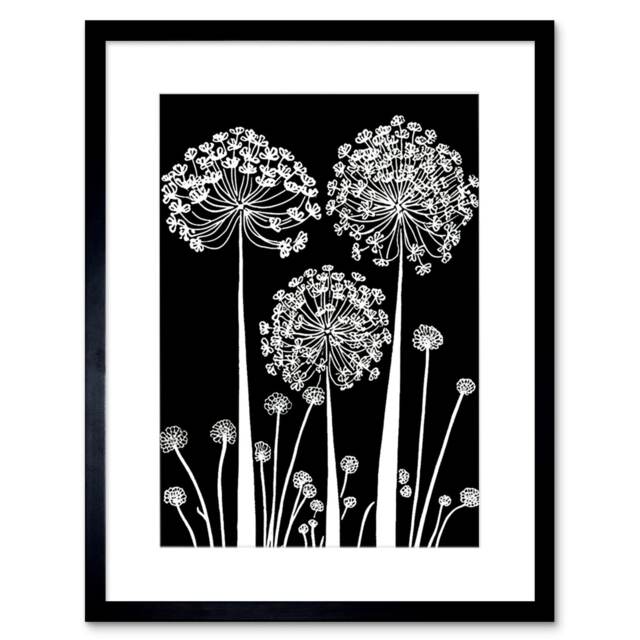 "Allium Flowers Black White Contour Folk Art 9x7"" Black Framed Wall Art Print"