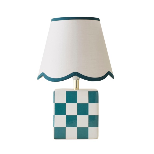 ValueLights Evie Ceramic Checker Table Lamp Trim Linen Scallop Shade Green