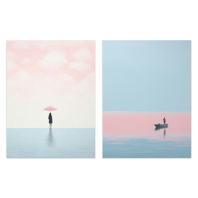 Set of 2 Prints Pink on Blue Water Minimalism Boat at Sea Umbrella Home Decor Wall Art Prints 12X16 Inch
