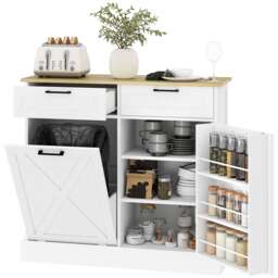 HOMCOM Sideboard with Trash Bin, Farmhouse Kitchen Sideboard with 2 Drawers White White with oak-effect top 100 x 36 x 90 cm