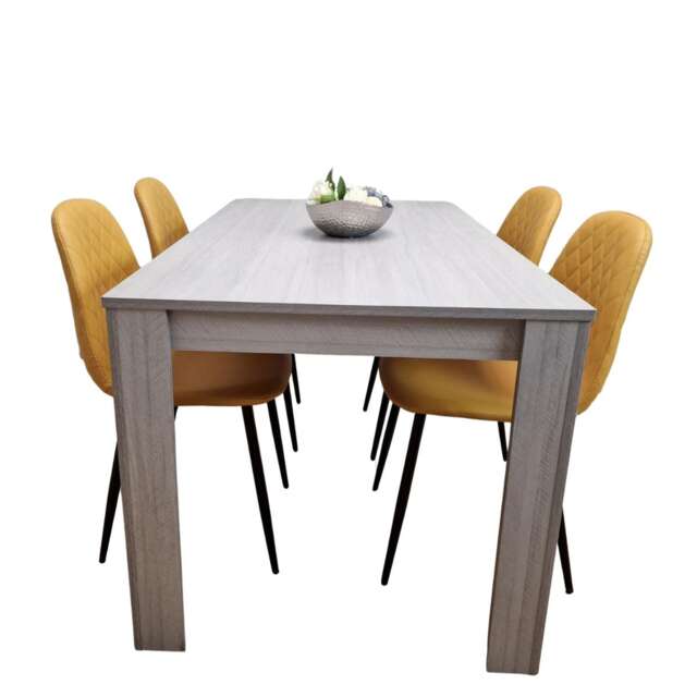 Grey Dining Table Set with 4 Mustard-Stitched Chairs Dining Room set Kitchen Dinning Table