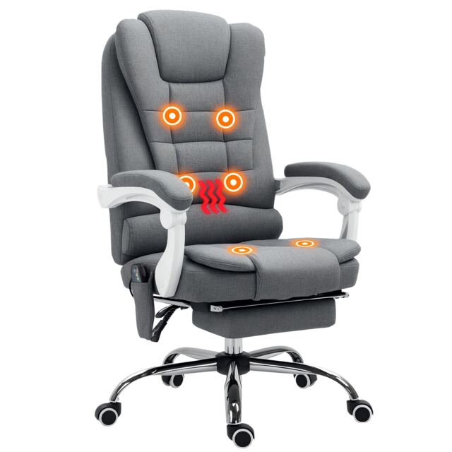 Vinsetto Office Chair with 6 Point Massage and Back Heat, Linen Desk Chair with Footrest Adjustable Height and Swivel Wheels, Back Reclining, Grey