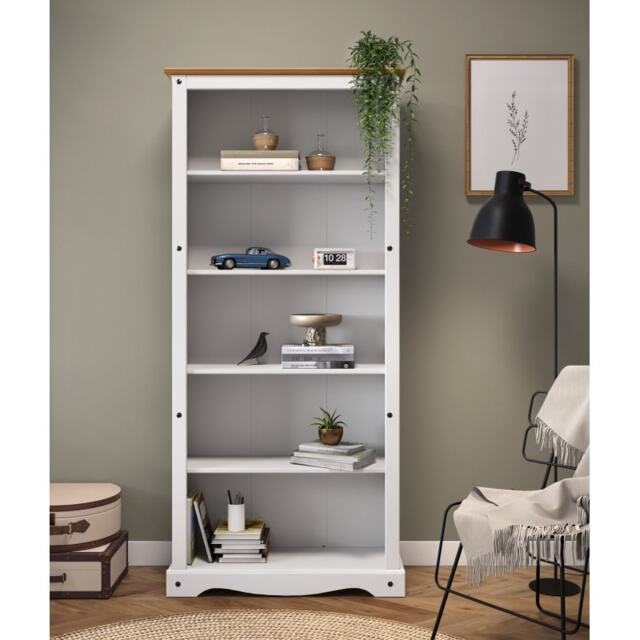 Mercers Furniture Corona White Large Bookcase Tall 5 Shelf Open Display Solid Wood Pine Wooden with Mexican Styling