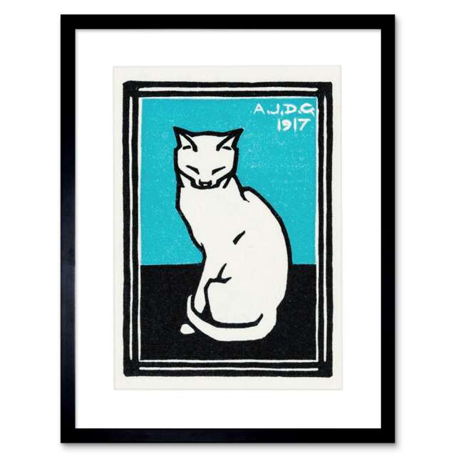 "Sitting Cat on Blue 1917 Julie de Graag Vintage 9x7"" Black Framed Wall Art Print"