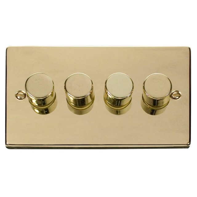 SE HOME Polished Brass 4 Gang 2 Way LED 100W Trailing Edge Dimmer Light Switch. Gold Polished Brass