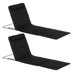 Outsunny 2 Pieces Outdoor Beach Mat Steel Reclining Chair Set w/ Pillow Black Black Black L