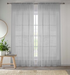 "Sheer Silver Plain Woven Voile Slot Top Curtain Panel Pair (57x48"") 145x122cm"